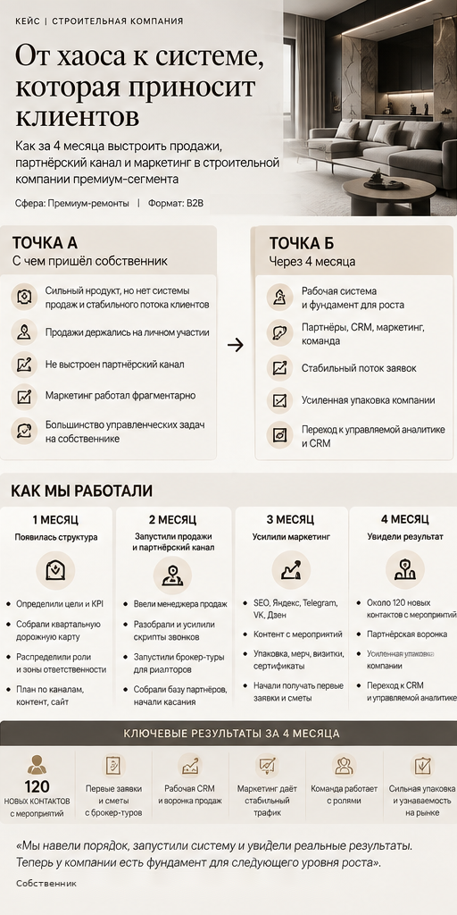 Строительная компания / премиум-ремонты: инфографика о ситуации до работы, изменениях и результатах. Подробный текст — в раскрытии ниже.