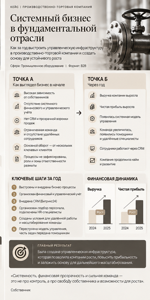 Производственно-торговая компания / B2B: инфографика о ситуации до работы, изменениях и результатах. Подробный текст — в раскрытии ниже.